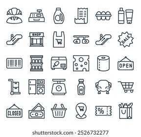 pacote de ícones de supermercado moderno. perfeito para projetos de ui lineares com compras de vetor, cupom, localização, cesta, dinheiro e mais ícones.