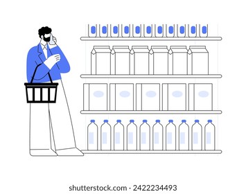 Modern supermarket isolated cartoon vector illustrations. Busy man with basket buying food in a supermarket and talking on phone, people lifestyle, modern grocery shopping vector cartoon.