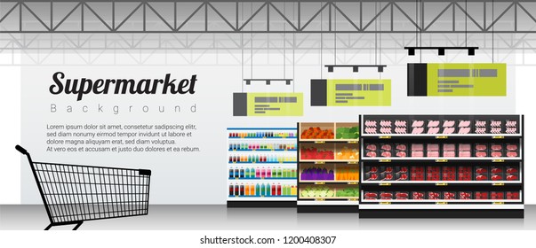 Modern supermarket with products and shopping cart background , vector , illustration