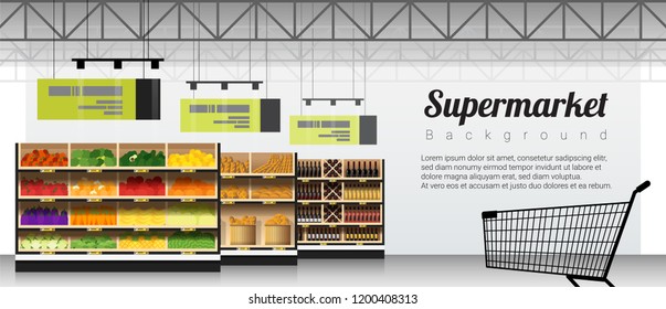 Modern supermarket with products and shopping cart background , vector , illustration