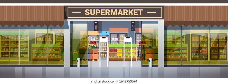modern supermarket retail store with assortment of groceries grocery shop exterior horizontal vector illustration