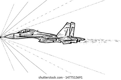 A Modern Supersonic Fighter Jet Plane Breaking The Sound Barrier. Hand Drawn Vector Illustration. 