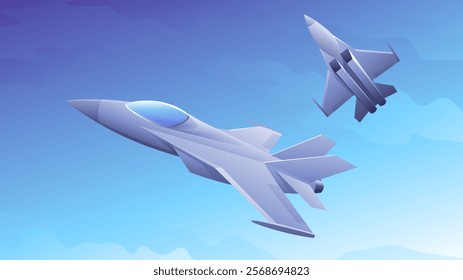 Modern supersonic military fighter jets performing aerobatics at air show on blue sky background.