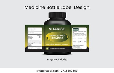 Design de rótulo de garrafa de suplemento moderno com colheres de cânhamo de apoio imunológico, layout limpo, fatos nutricionais e bem-estar marca mockup para apresentação de embalagem.
