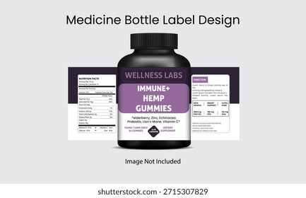  Modern supplement bottle label design featuring immune support hemp gummies, clean layout, nutrition facts, and wellness branding for packaging presentation.