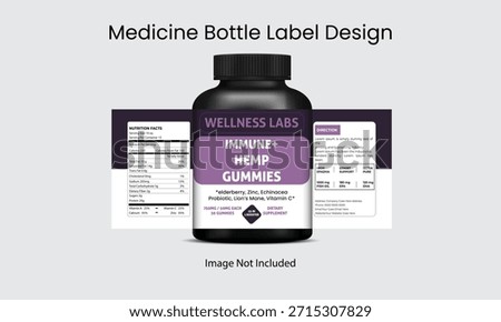  Modern supplement bottle label design featuring immune support hemp gummies, clean layout, nutrition facts, and wellness branding for packaging presentation.