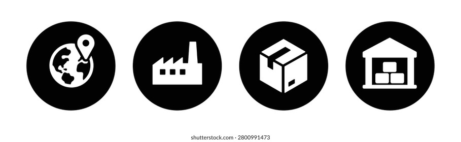 Modern supply chain and logistics icon collection featuring global distribution, manufacturing operations, product packaging, and warehouse storage symbols. Ideal for logistics software, inventory management systems, supply chain optimization, ecommerce fulfillment, transportation networks, industrial operations, and business process visualization.