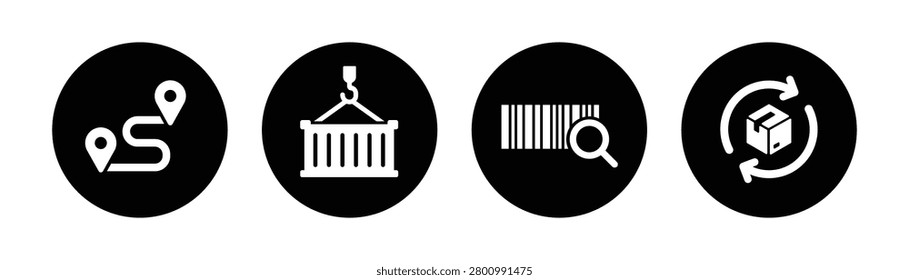Modern supply chain and logistics icon collection featuring route optimization, cargo handling, barcode scanning, shipment tracking, and reverse logistics processes. Ideal for logistics software, warehouse management systems, transportation networks, inventory control platforms, ecommerce fulfillment operations, and supply chain analytics.