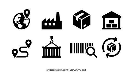 Modern supply chain and logistics icon collection featuring global shipping, manufacturing, packaging, warehousing, route planning, cargo handling, barcode tracking, and reverse logistics symbols. Ideal for logistics platforms, inventory management systems, ecommerce fulfillment, warehouse operations, transportation networks, and supply chain optimization projects.