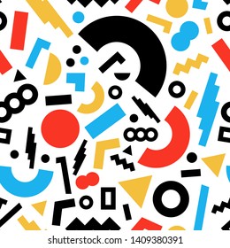 Modern, suprematism style vector seamless pattern, ornament of colorful stylized geometric, abstract shapes.