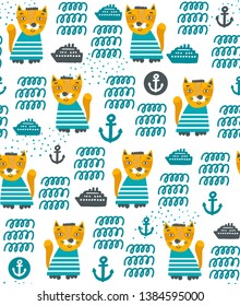 Modern surface designed seamless pattern with cute red cats and sea waves. Endless background for baby room decorarting or print on fabric and children textil. Also good for wrapping paper.