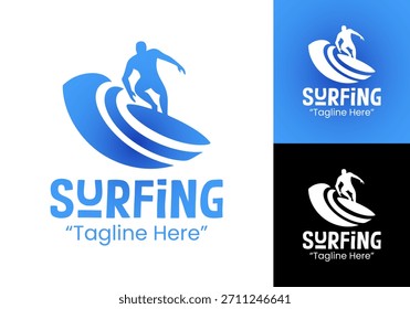Un moderno logotipo de surf con una silueta de olas que fluye, ideal para clubes de playa, escuelas de surf y marcas de estilo de vida.