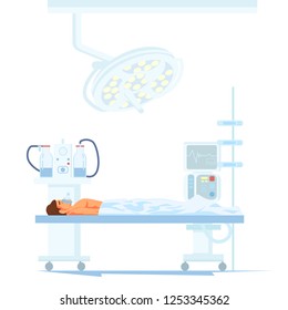 Modern Surgery Equipment Flat Vector Concept with Male Patient under Influence of Anesthesia Lying on Clinic Operating Table Illustration. Machines and Electronic Devices for Hospital Operating Room
