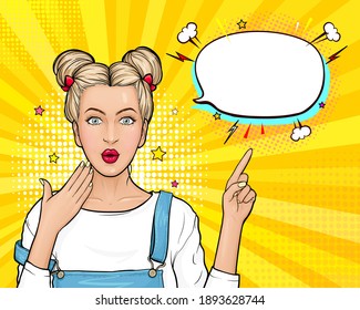 Modern surprised woman wow face. Young wonder girl with blonde hair, open mouth point finger to empty speech bubble on yellow background. Pop art retro comic vector illustration.