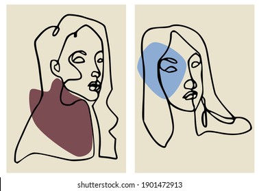 Caras surrealistas modernas. Retratos humanos abstractos contemporáneos. Ilustración a la moda con esquema de mano. Línea continua, arte minimalista.