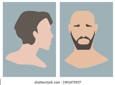 Modern surreal faces. Contemporary abstract human portraits. Hand drawn outline trendy illustration. Continuous line, minimalistic art.