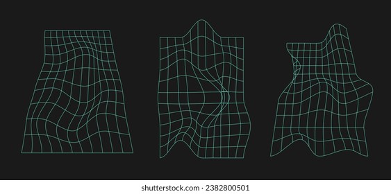 Modern surreal geometric shapes, wireframe, cyberpunk elements and perspective grids. Set of distorted grid square neon pattern