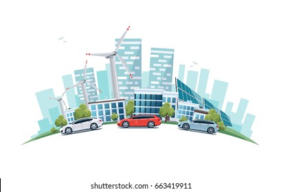 Modern sustainable city with cars on street in cartoon style arranged in arc. Solar panels and wind turbines with city skyscrapers building office skyline on white background. Eco green city theme.