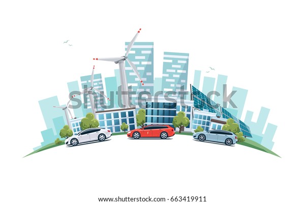 Modern sustainable city with cars on street in\
cartoon style arranged in arc. Solar panels and wind turbines with\
city skyscrapers building office skyline on white background. Eco\
green city theme.