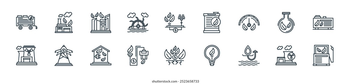 pacote de ícones de energia sustentável moderno. perfeito para projetos de interface de usuário linear com bioenergia vetorial, energia nuclear, economizar água, lâmpada ecológica, tomada de energia verde, solar e mais ícones para celular e web