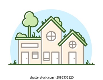 Modern sustainable green planted rooftops, ecologic greenery residential houses, nature friendly architecture, Isolated.