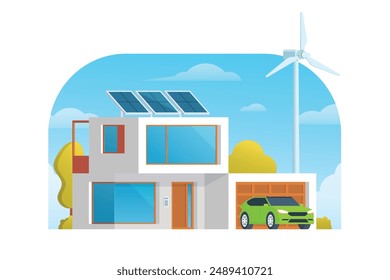 Modern Sustainable Smart House with Renewable Green Energy, Wind Turbine, and Solar Panel. Vector Illustration