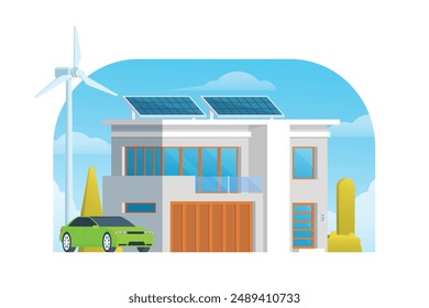 Modern Sustainable Smart House with Renewable Green Energy, Wind Turbine, and Solar Panel. Vector Illustration