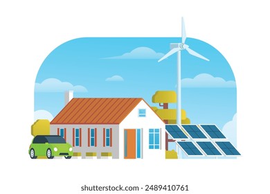 Moderna casa inteligente sostenible con energía verde renovable, turbina de viento y panel solar. Ilustración vectorial