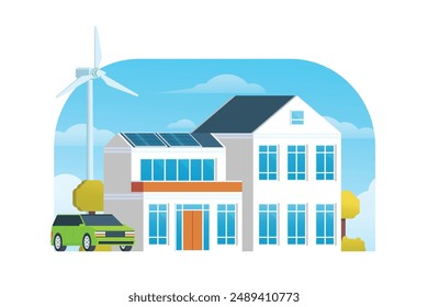 Modern Sustainable Smart House with Renewable Green Energy, Wind Turbine, and Solar Panel. Vector Illustration