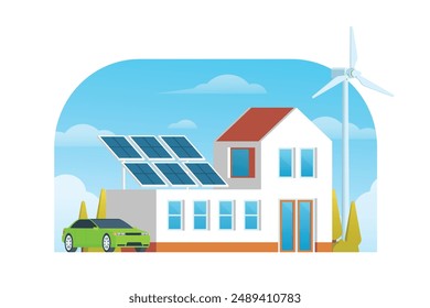 Modern Sustainable Smart House with Renewable Green Energy, Wind Turbine, and Solar Panel. Vector Illustration