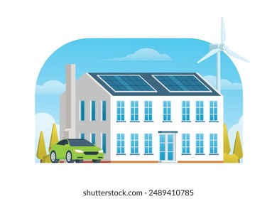 Modern Sustainable Smart House with Renewable Green Energy, Wind Turbine, and Solar Panel. Vector Illustration