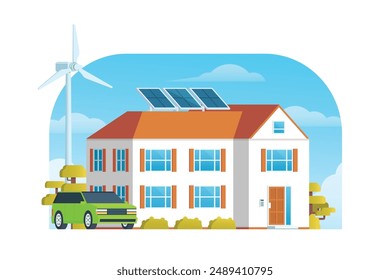 Modern Sustainable Smart House with Renewable Green Energy, Wind Turbine, and Solar Panel. Vector Illustration