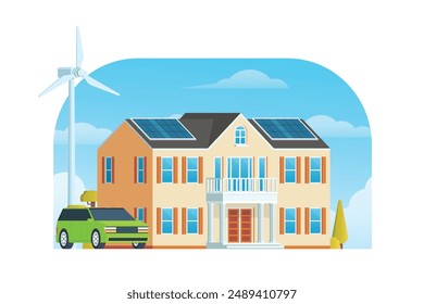 Modern Sustainable Smart House with Renewable Green Energy, Wind Turbine, and Solar Panel. Vector Illustration