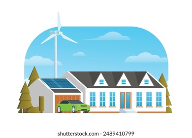 Modern Sustainable Smart House with Renewable Green Energy, Wind Turbine, and Solar Panel. Vector Illustration