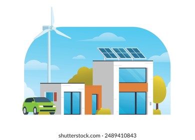 Modern Sustainable Smart House with Renewable Green Energy, Wind Turbine, and Solar Panel. Vector Illustration