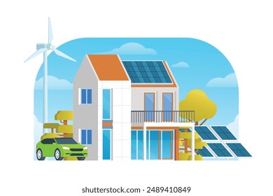 Modern Sustainable Smart House with Renewable Green Energy, Wind Turbine, and Solar Panel. Vector Illustration