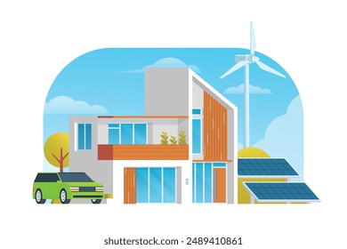 Modern Sustainable Smart House with Renewable Green Energy, Wind Turbine, and Solar Panel. Vector Illustration