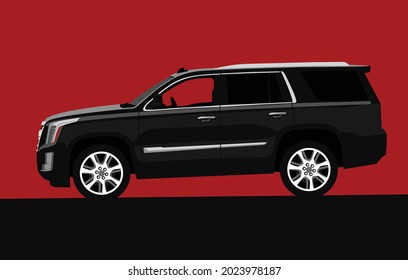 Moderno SUV. Cruce negro con una ventana abierta sobre un fondo rojo. Imagen vectorial para impresiones, afiches e ilustraciones.