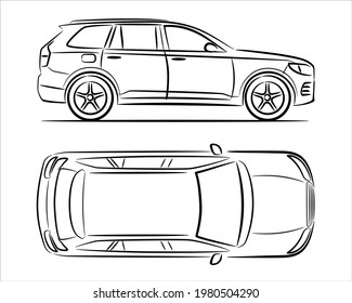 Modern suv car abstract silhouette on white background. Vector line art. Vehicle icons set view from side and top.