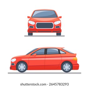Modern SUV car. Front and side view of land vehicle. Family automobile or transport. Exterior of beautiful red car. Flat vector illustration collection isolated on background