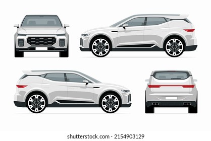 Modern SUV Car Mockup. Side, Front, Rear View Of A Crossover Vehicle Isolated On White Background. Vector White Car Template For Branding, Advertisement, Logo Placement. Easy Editable.