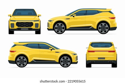 Modern SUV car mockup. Side, front, rear view of yellow crossover vehicle isolated on white background. Vector car for road traffic and transportation illustrations.
