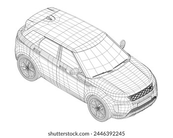 Modern SUV car wireframe. Isometric view of contour crossover vehicle isolated on white background. Vector car template for branding, advertisement, logo placement. Classic luxury suv car.