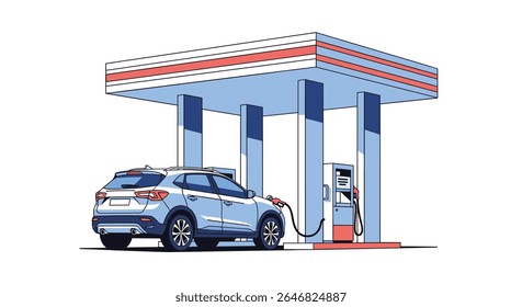 Modern SUV vehicle fueling up at a clean contemporary petrol station canopy with a clear blue sky background on a bright sunny day