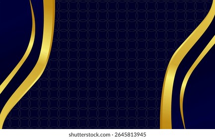 Modern sweeping gold ribbons frame a rich luxury blue background with subtle circular lattice, perfect for classy corporate flyer or web header.