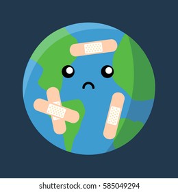 modern and sweet Earth cartoon vector sad and wounded with a illustration band aid & plaster on him. save the earth.