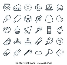 moderne Süßigkeiten Icon Pack. perfekt für lineare ui Designs mit Vektorkeksen, Lollipop, Brötchen, Zuckerrohr, Stick und mehr Icons.