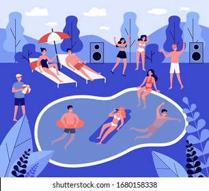 Modern swimming pool party flat vector illustration. Happy people in swimwear dancing, swimming. Summer, vacation and relaxation concept.