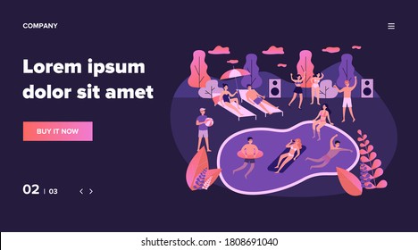 Modern swimming pool party flat vector illustration. Happy people in swimwear dancing, swimming. Summer, vacation and relaxation concept.