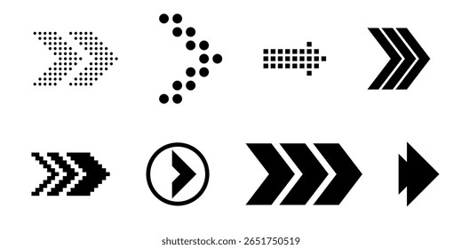 Ícone moderno de setas deslizantes definido com símbolos de linha e pixel para rolar a próxima navegação do slide com gestos de dedo e mão setas vetoriais apontando em todas as direções